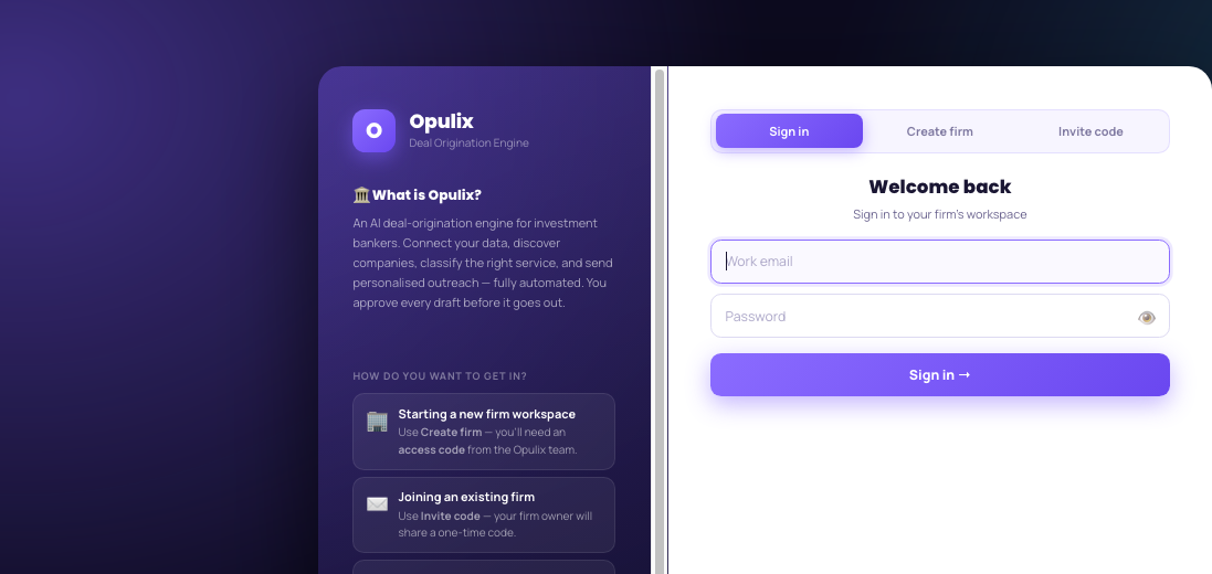 Opulix Deal Engine sign-in screen